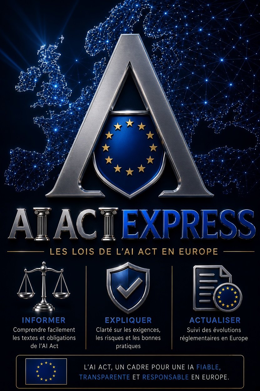AI Act Express poster: the emblem on a digital map of Europe, and the three pillars — inform, explain, update